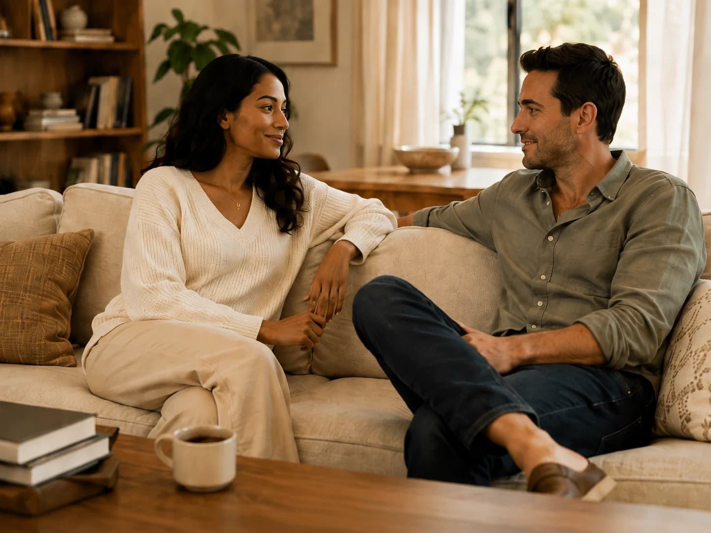 A couple sitting comfortably on a couch, listening to each other.