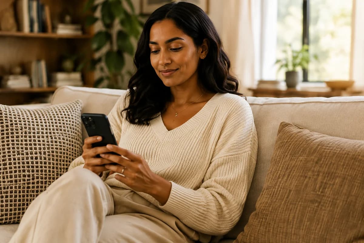 A woman taking a quiet moment on the couch with her own phone.