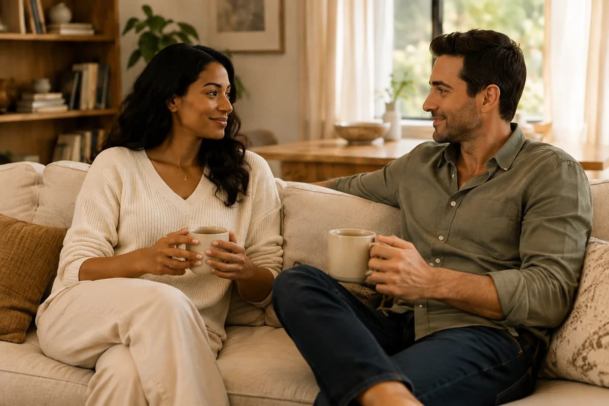 The couple sharing coffee and a relaxed conversation at home.